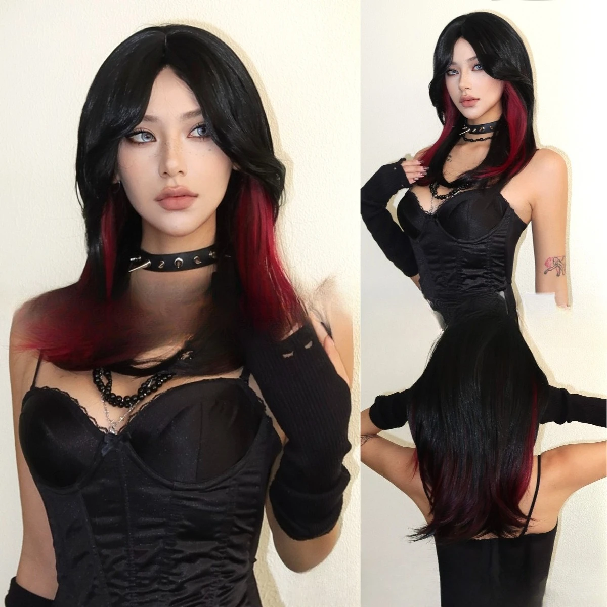 

New hot-selling wig, black highlights, red full head cover, eight-character bangs, natural long straight hair, chemical fiber wo