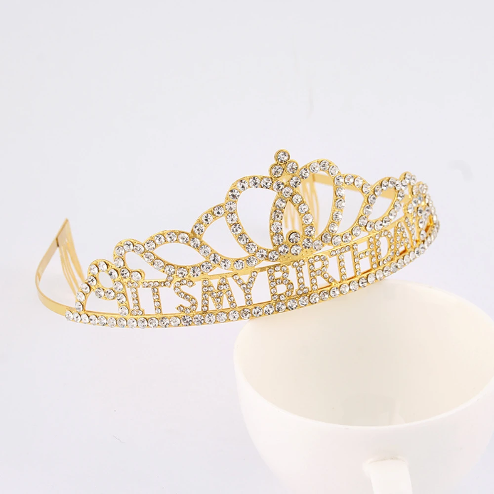 It\'s My Birthday Tiara Crown Rose Gold Rhinestone Headband Gifts for Girls Women Happy Birthday Party Favor Decorations Supplies