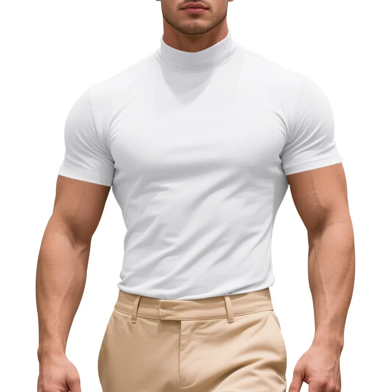 Summer New Men's Running T-Shirt Half High Neck Solid Color Slim Fit Casual Shirt American Fashion Fitness Training Workout Tops