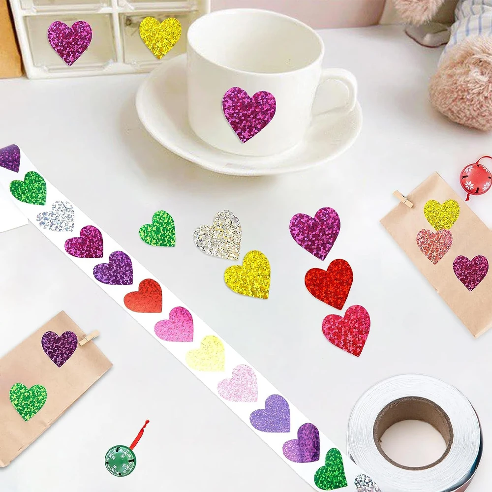 500pcs Sparkling Round Stickers 1inch Foil Star Heart Decorative Kids Sticker for Reward Supply Valentine\'s Day Envelopes Party