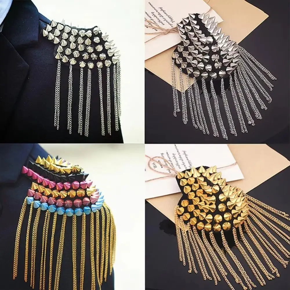 Retro Pin Club Tassel Chain Epaulette Cool Breastpin Rivet Shoulder Badges Shiny Crystal Jacket Vintage Brooch Suit