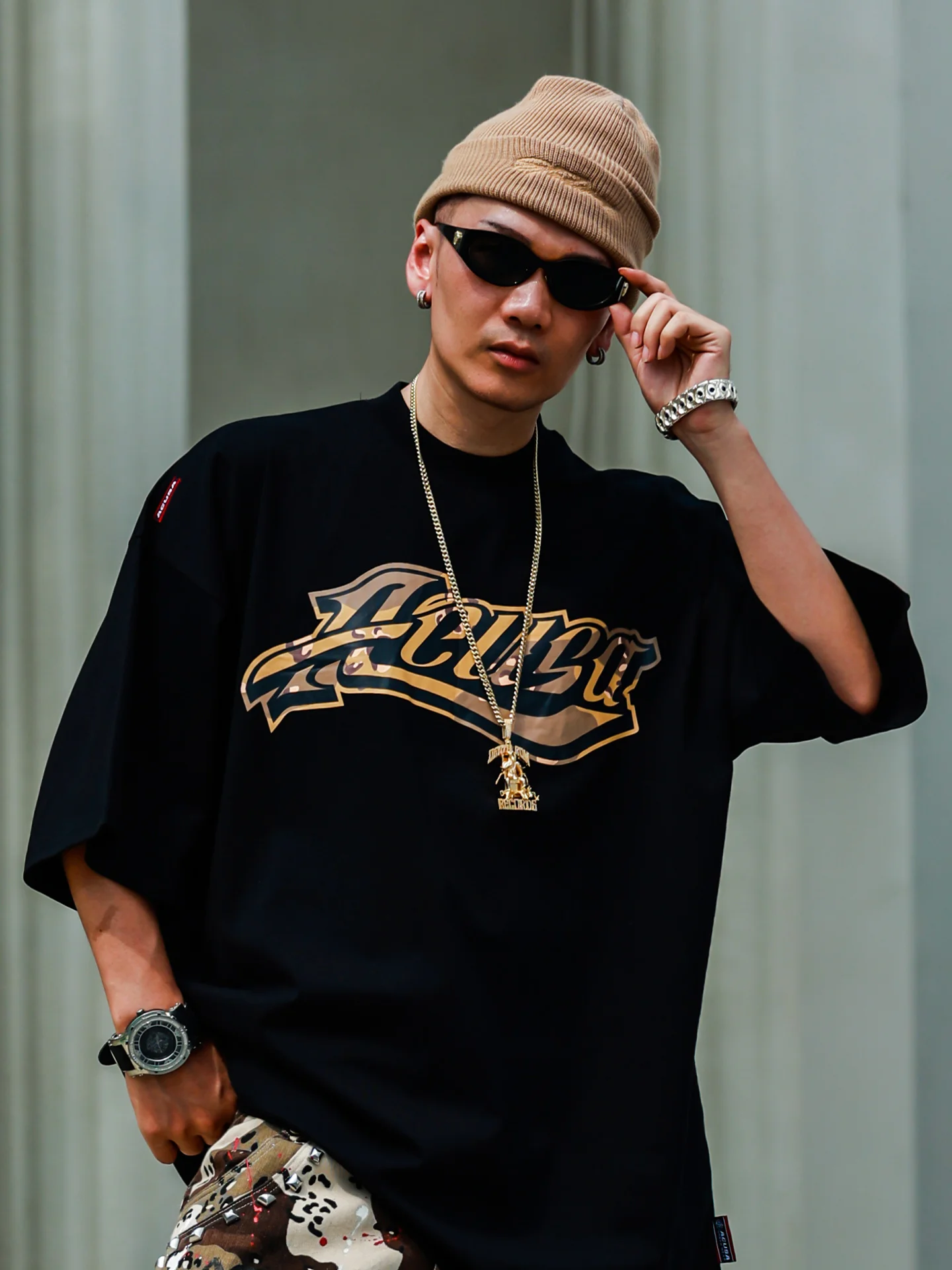 ACUSA American Street Desert Camouflage Letter Print Pure Cotton round Neck Short Sleeve Men's T-shirt Loose Hip Hop Style Black