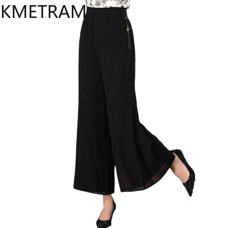 KMETRAM 100% Real Mulberry Silk Pants Women 2026 Spring Double-layer Casual Long Wide-leg Pants Female Clothing Pantalones Mujer