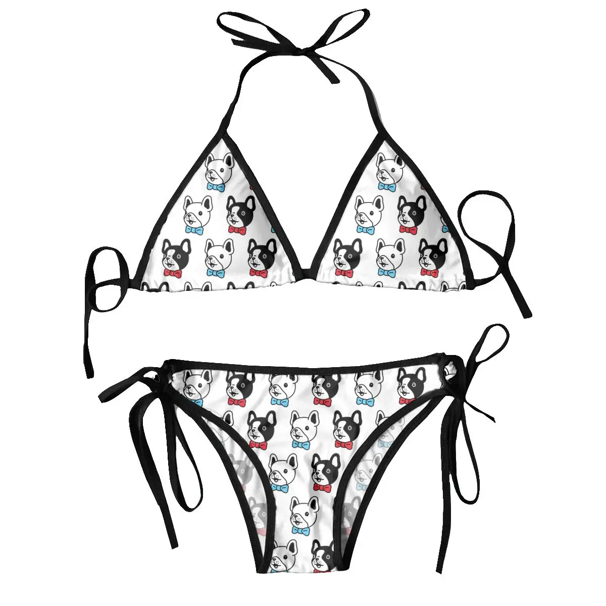 Bañador triangular con cordones para mujer, conjunto de Bikini Sexy con cuello Halter, traje de baño push up de Bulldog Francés de dibujos animados