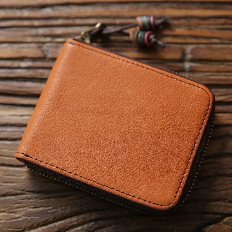 Genuine Leather Wallet For Men Women Vintage Handmade Short Zipper Around Wallets Purse With Card Holder Coin Pocket Money Bag