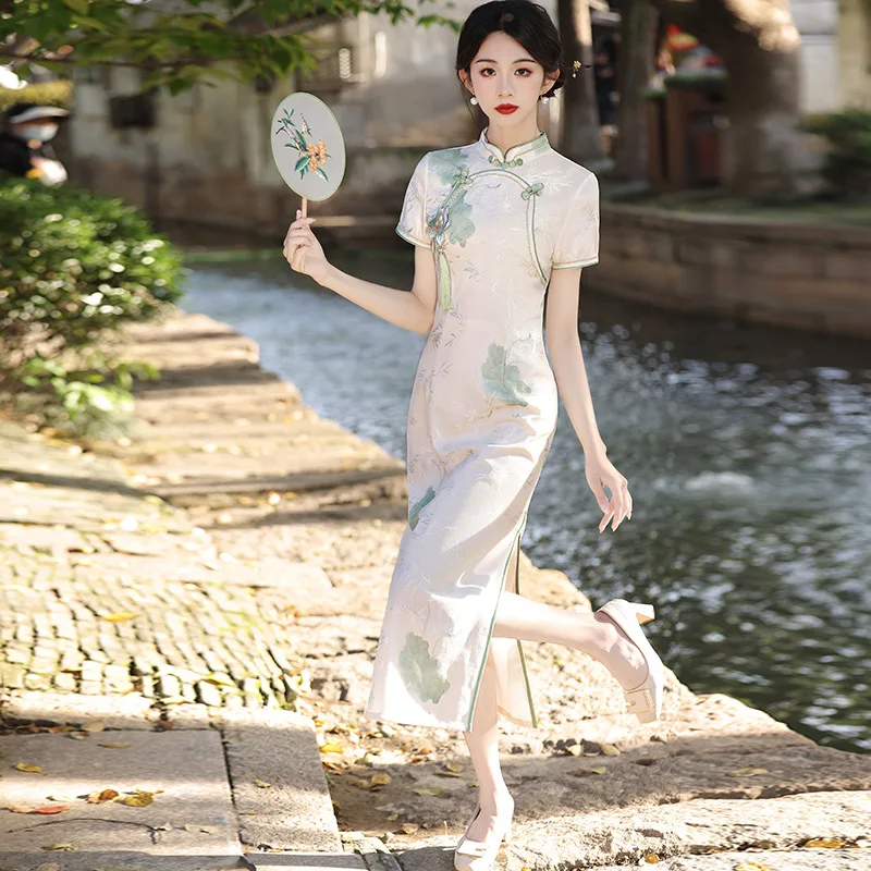 Summer Lace Bamboo Leaf Cute Elegant Fashion Long Cheongsam Chinese Traditional Style Evening Qipao Dress for Women