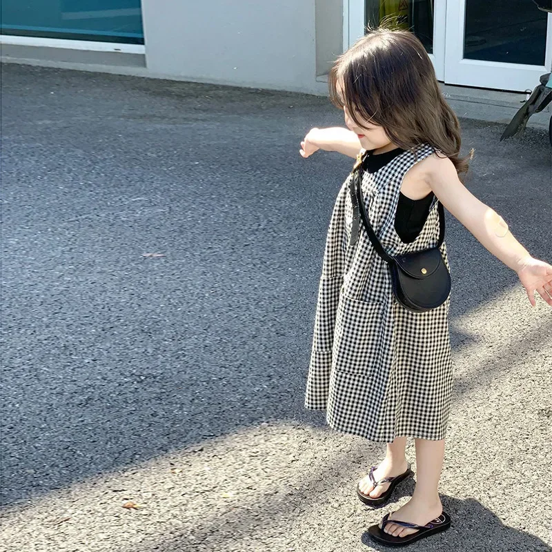 

Loose Wide Leg Jumpsuit, Suspender, Baby Vest Two-Piece Set Girl's Summer Outfit Girl's Shoulder Strap Checkered