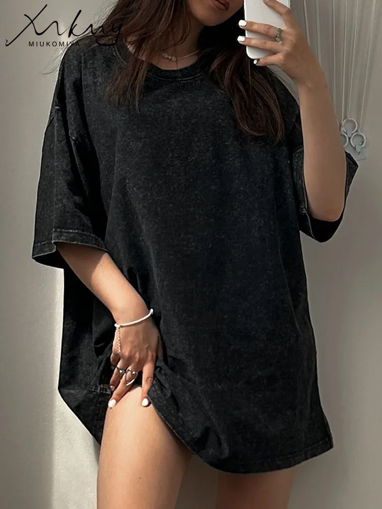 MiuKoMiYa Oversized Washed T Shirt Women Summer Cotton Top Tees Rose Red Distressed Loose Tops For Summer 2024 T-shirt Oversize