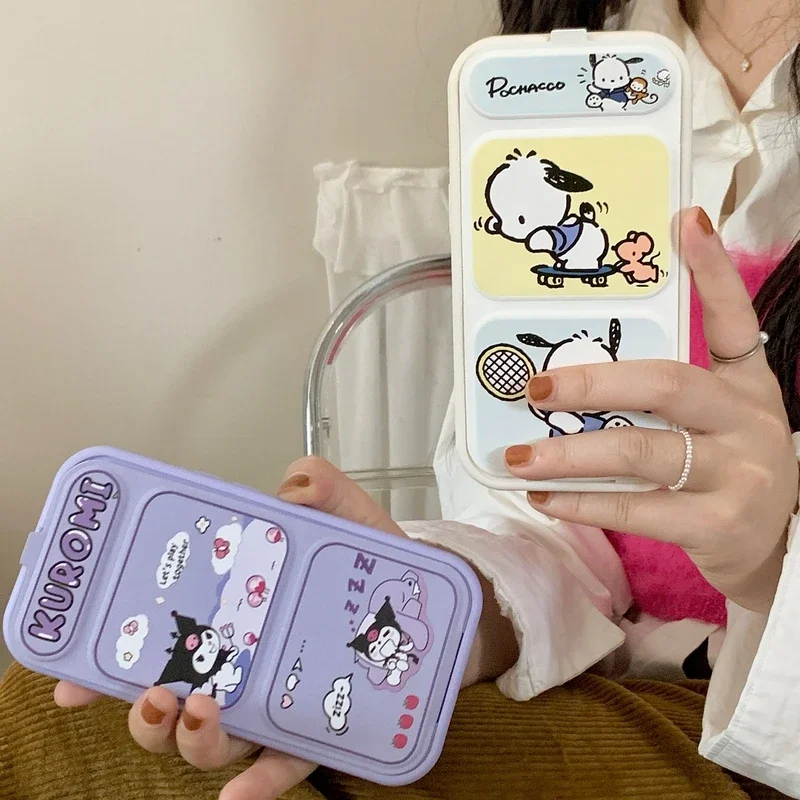 Niedliche Cartoon-Sanrio Kuromi Pochacco-Klappständerhalter-Telefonhülle für iPhone 15, 14, 13, 12, 11, Pro Max, stoßfeste, harte Rückseite