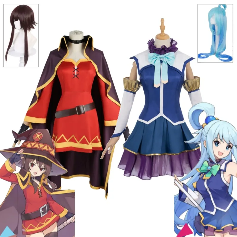 

Explosion Wizard Megumin Aqua Cosplay Costume KonoSuba Red Black Dress Blue Goddess Outfit Full Set for Women Halloween