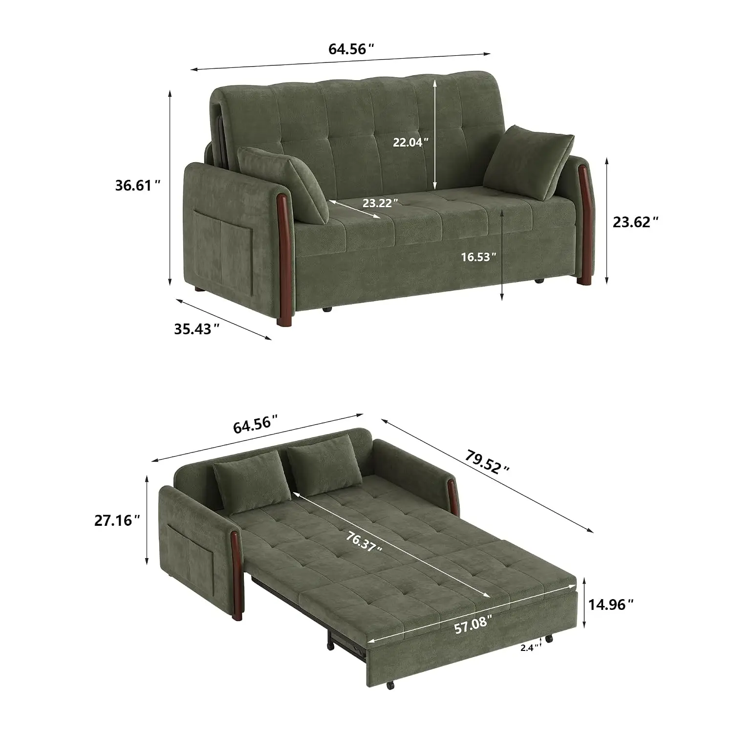 Convertible Pull Out Sofa Bed With Hidden Storage 62.9