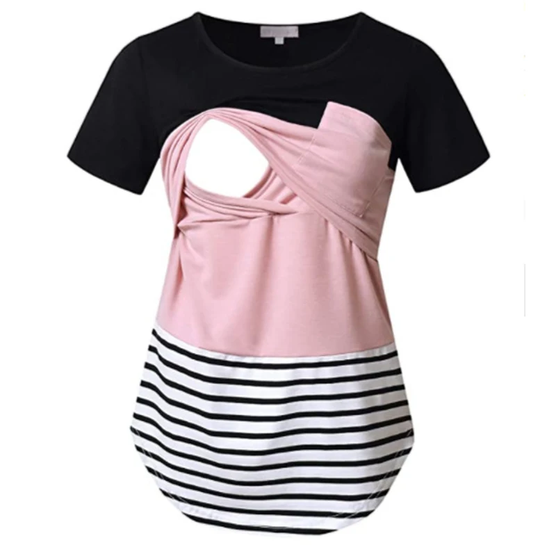 

New Maternity Clothes Casual Tops Nursing For Breastfeeding T Shirt Striped Print Women Maternity Short Sleeve Maternity Blouse