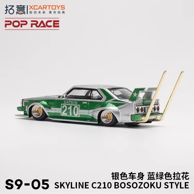 XCarToys x POP RACE 1:64 Skyline C210 Kaido Racer Bosozoku Style SilverGreen Diecast Model Car