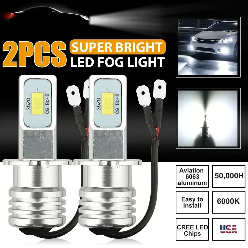 2PCS H3 LED Car Fog Light Bulb DRL Car Light 6000K 6500K 80W 12-24V 750 Chip Bright Headlight and Fog Light Replacement