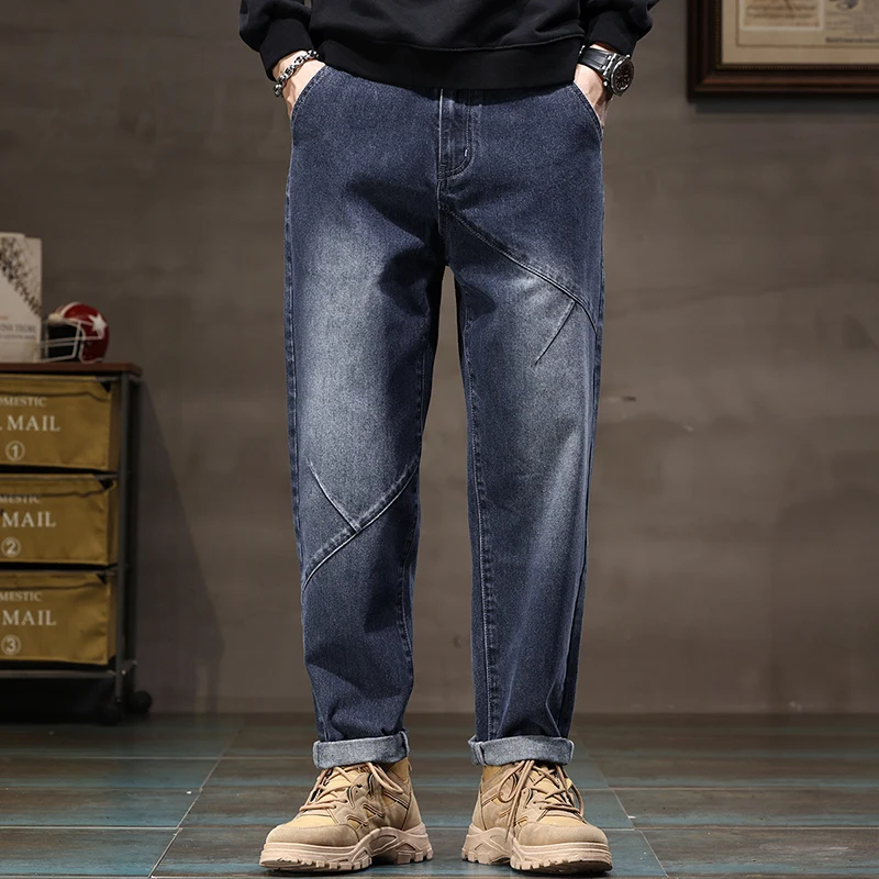 

Autumn and Winter Men's Jeans American Retro Spliced Loose Mid Waist Full Length Harlan Pants Male High Street Y2k Denim Pants