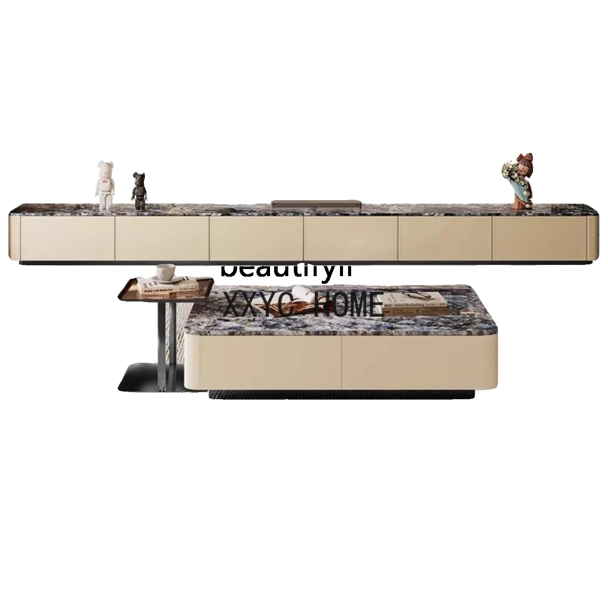 

Italian Light Luxury Solid Wood TV Cabinet Stone Plate Saddle Leather Craft Living Room Coffee Table Floor Cabinet