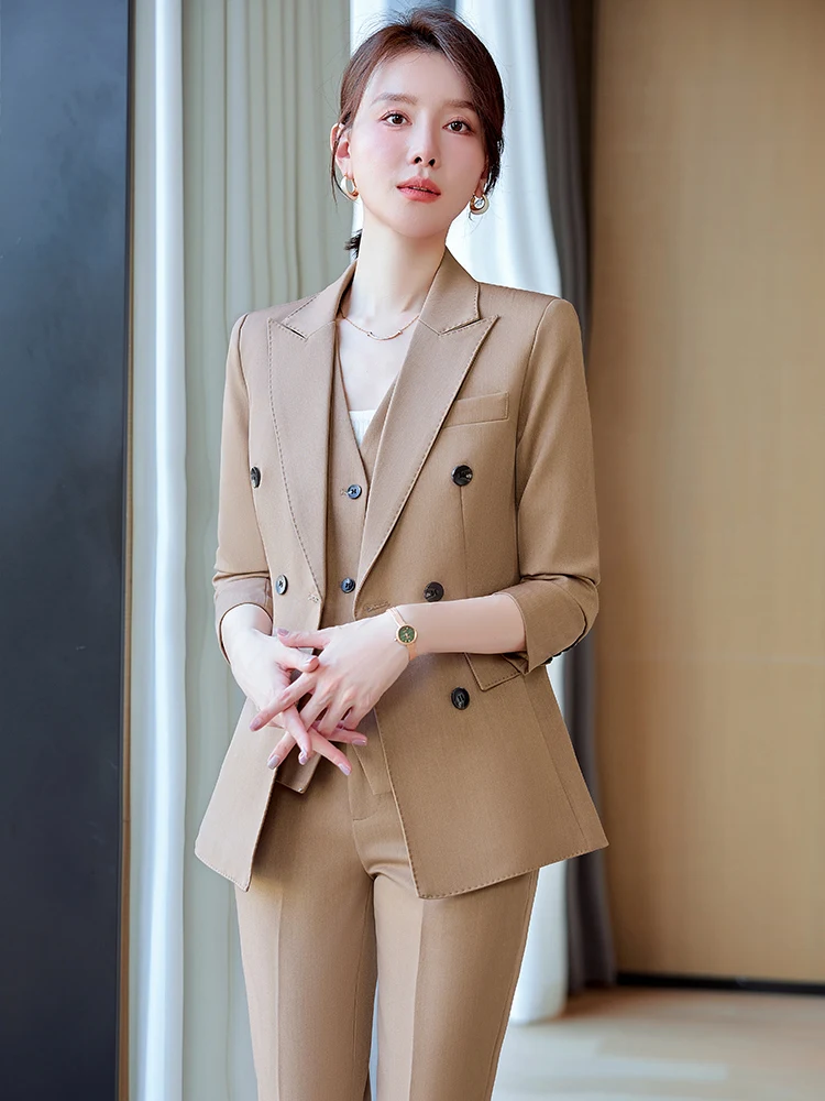 

Khaki Color Women's Suit Set Profional Workwear Tee-Piece Outfit Ele Career Godd Sle Spring Autumn New Arrival