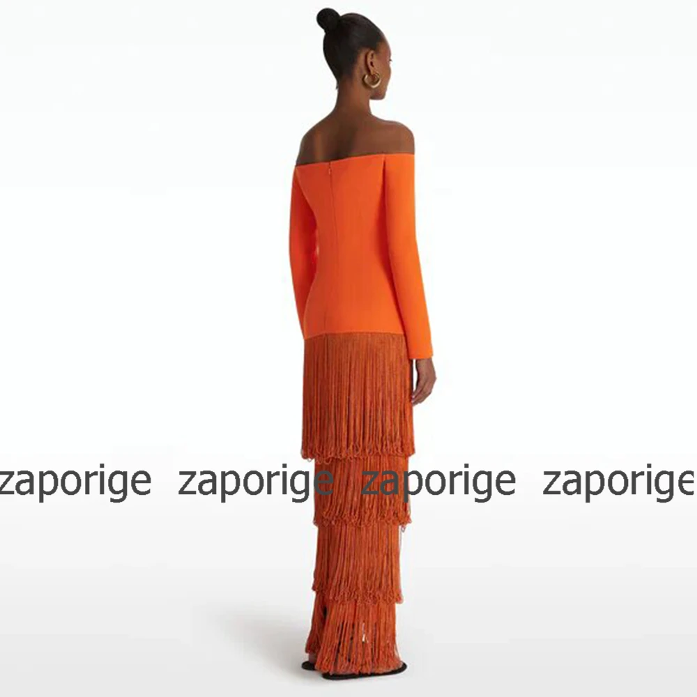Matching Autumn Formal Dress Orange Jersey Tassel Bespoke Occasion Gown Straight Off-the-shoulder Long Dresses