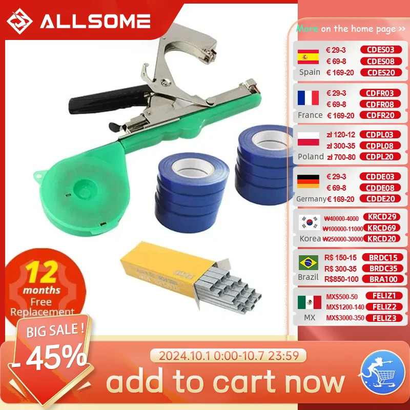 Allsome Plant Tying Machine, Gardening Tapetool with 10 Rolls of Tape and 1 Box of Staple for Vegetable, Grape, Tomato, Pepper