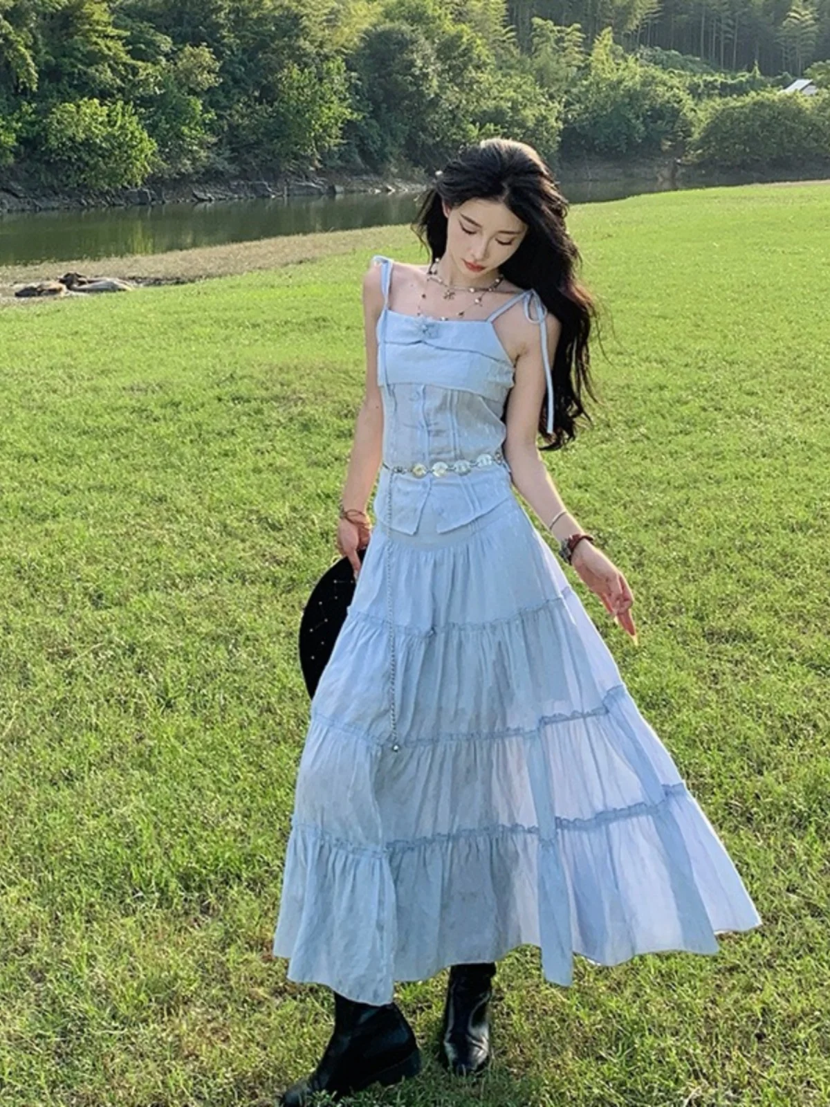 Vaion Reisoutfit Ele f Rok Set Tweedelig pak Strandfoto oot Strandrok Lange Sve Polyestervezel