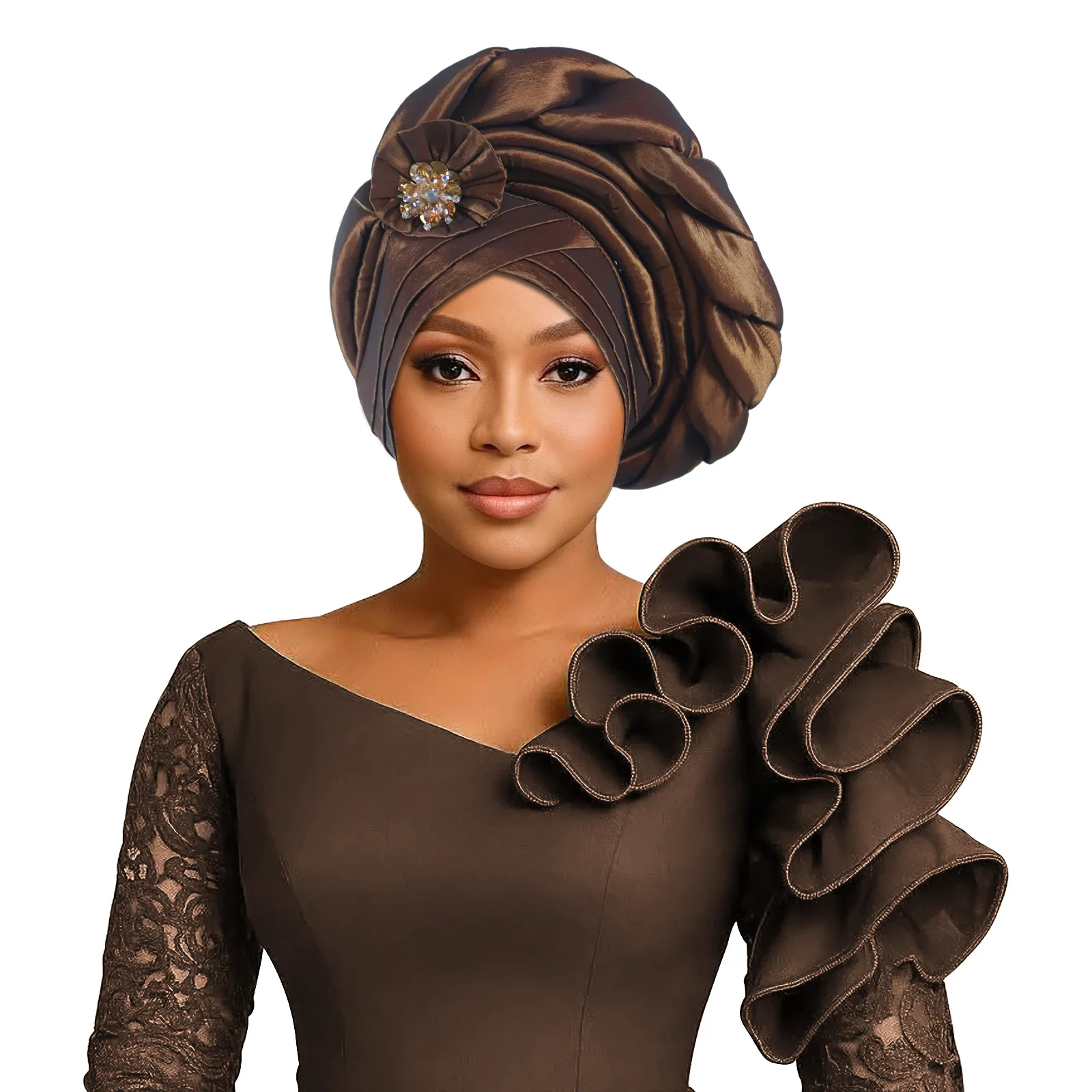 Fashion Beads Flower Auto Gele Turban African Lady Head Wrap Nigeria Wedding Headtie Soft Daily Party Headwear Bonnet