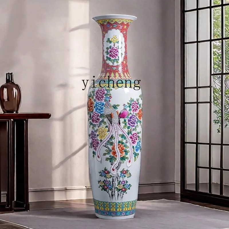 L7-8 ceramic ware hand-painted pastel peony vase ornament living room Chinese floor-to-ceiling large flower ware