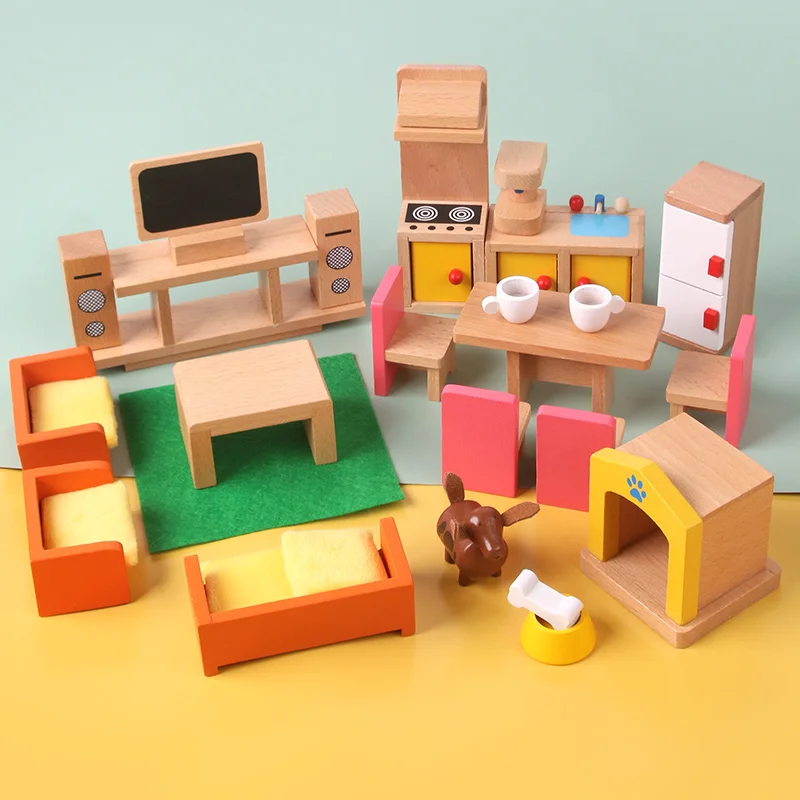 Wooden Mini Furniture Sets Kids Children House Play Toy - Bedroom, Living Room, Kitchen, Bathroom Accessories Boys Girl Gifts