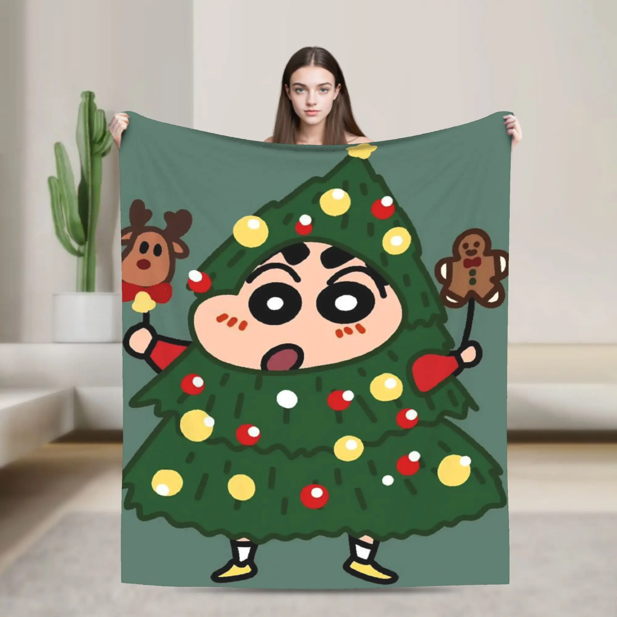 Shinchans Christmas Tree Xmas Knitted Blankets Flannel Funny Super Warm Throw Blankets for Car Sofa Couch Bedspread