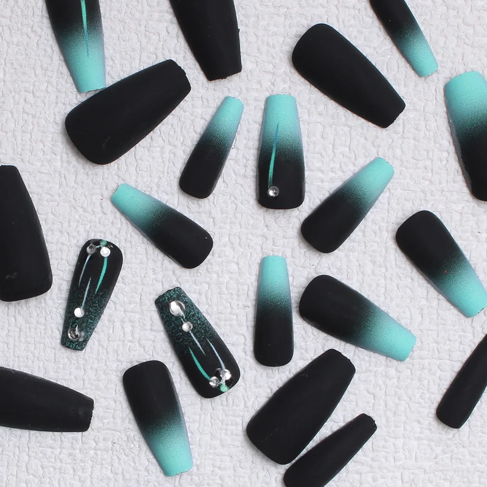 24 Pcs Fashion Long Press on Nails Simple Nail Tips Black Green Gradient Self-adhesive False Adhesive Nails Artificial Nails Set