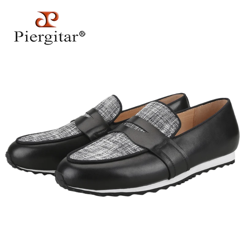 Piergitar Black Nappa Calfskin Patchwork Striped Fabric Men's Clunky Sneaker Handmade Penny Boots Shoes Mixed Colors Rubber Sole