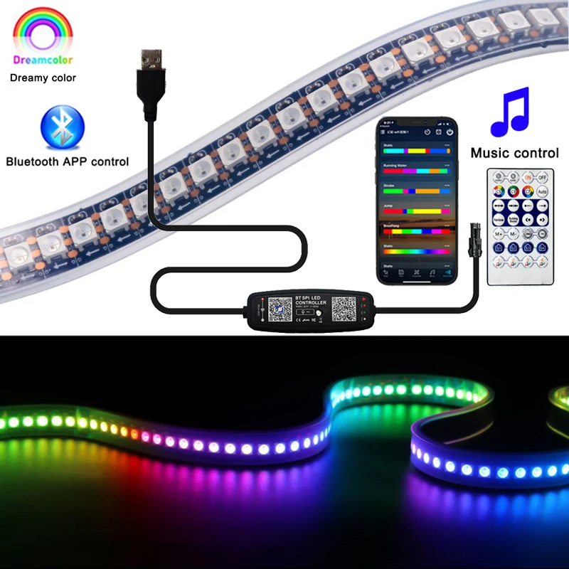 RGBIC WS2812B LED Strip Individually Addressable Smart RGB LED Strip Waterproofith and Bluetooth APP remote control Kit