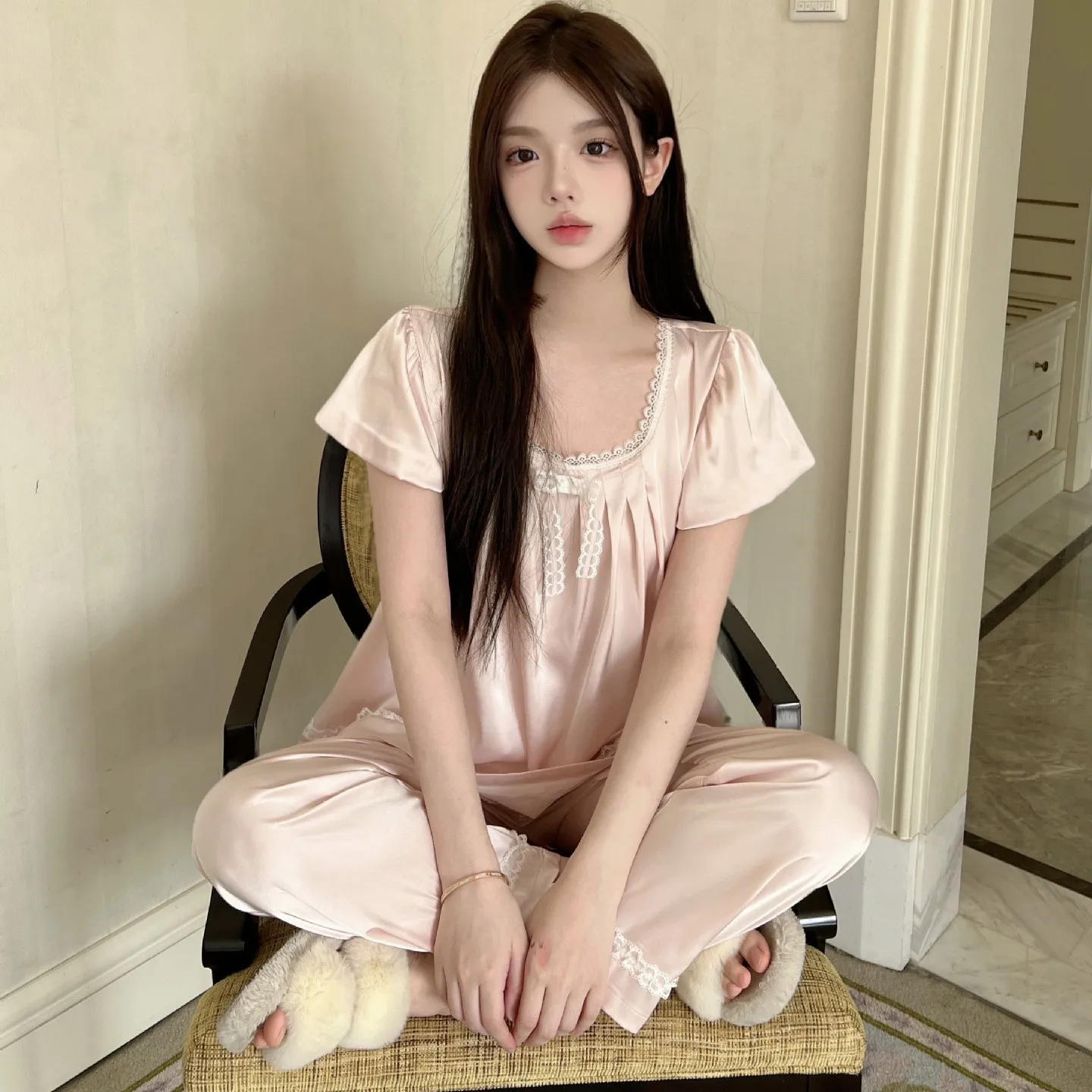 

Летний женский пижамный комплект, нижнее белье, шелковистая атласная одежда для сна, пуловер с короткими рукавами, брюки, свободная повседневная домашняя одежда, одежда для дома