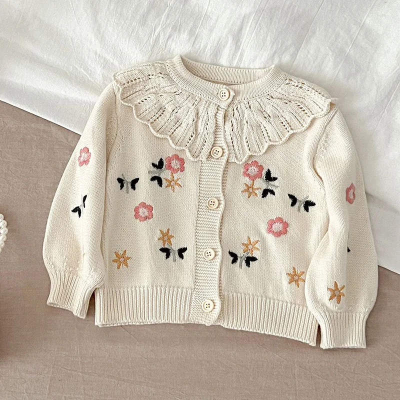 Autumn Cardigan Versatile Girl Baby Childrens Flower Embroidered Lotus Leaf Collar Knitted Pure Cotton Baby Girls Cardigan Coat