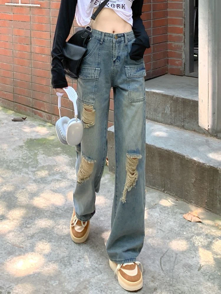 Jeans Dames Eenvoudig Gat Chique Koreaanse stijl All-match Doen Oude Vrije tijd Wijde pijpen Lente High Street Design Vintage Vrouwelijk Gezellig Dagelijks