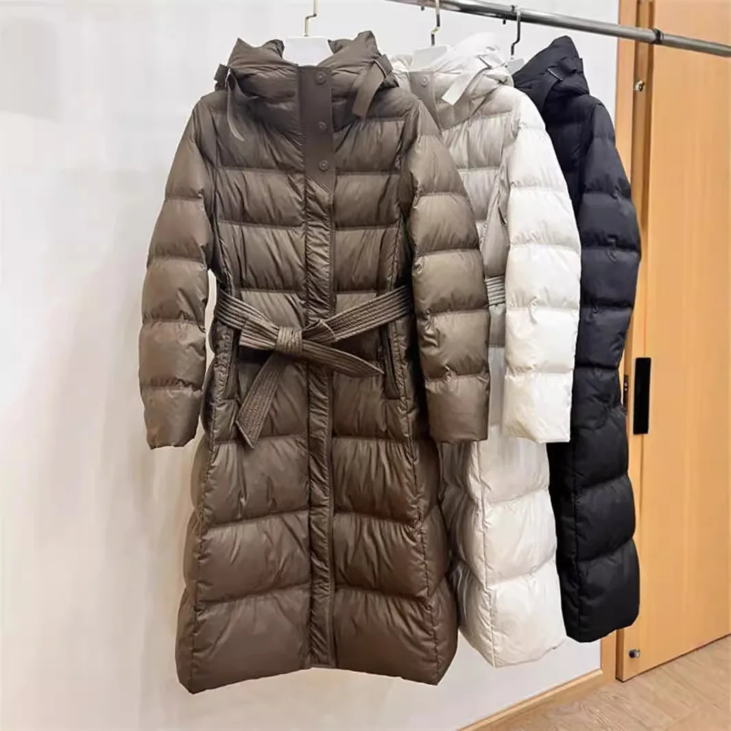 Women's Long Down Jacket Fitted Coat Below The Knee Autumn Winter New Style Hooded Fitted Waist Slimming Belted Warm Jacket