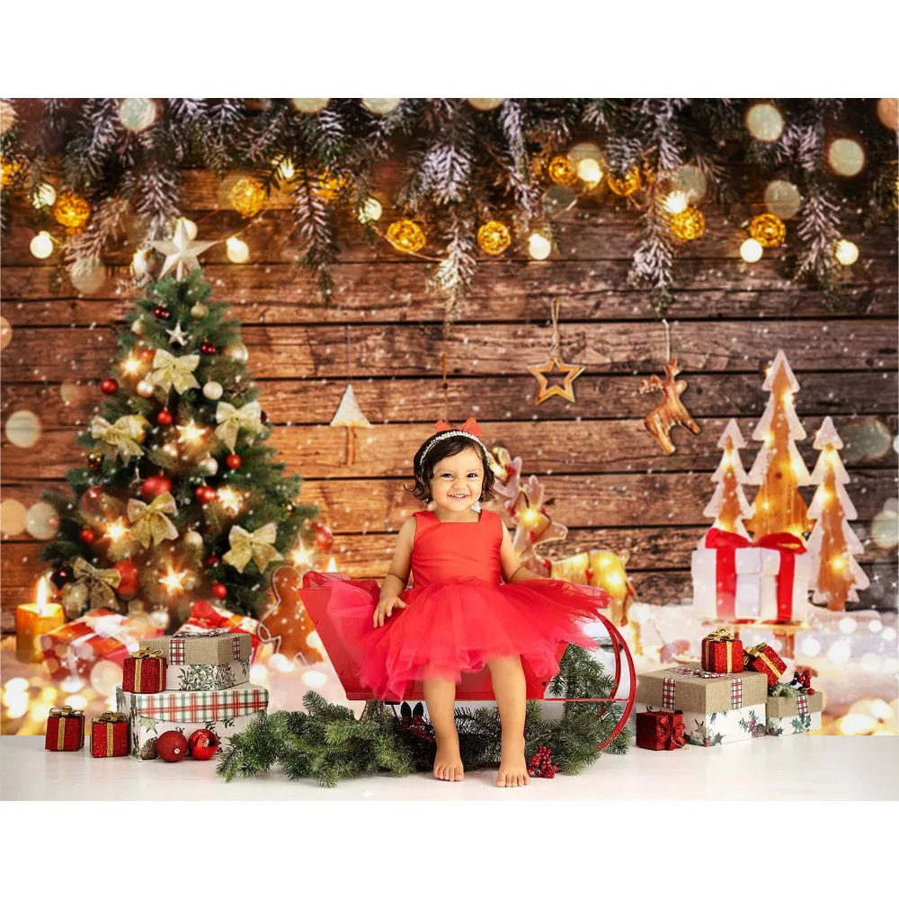 Toile de fond de Noël bokeh, décor d'arbre de Noël en bois rustique, accessoires de studio photo, arrière-plans de photographie de portrait de famille pour enfants, cadeau