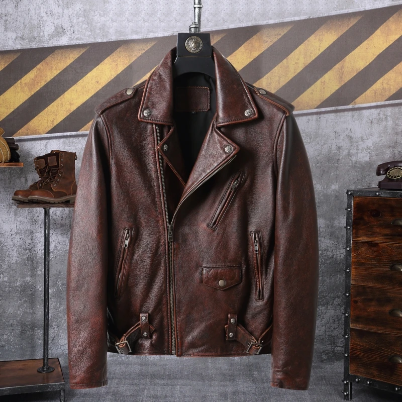 

Винтажная коричневая кожаная мужская куртка, приталенная застежка-молния или Sle Faion, городская повседневная верхняя одежда, молодежное модное пальто