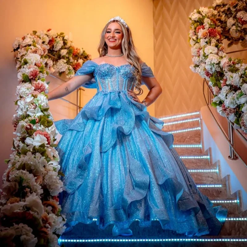 

Shiny Blue Quinceanera Dresses Off the Shoulder Crystal Decal Lace Layering Long tail Vestido 15 Quinceanera Customized