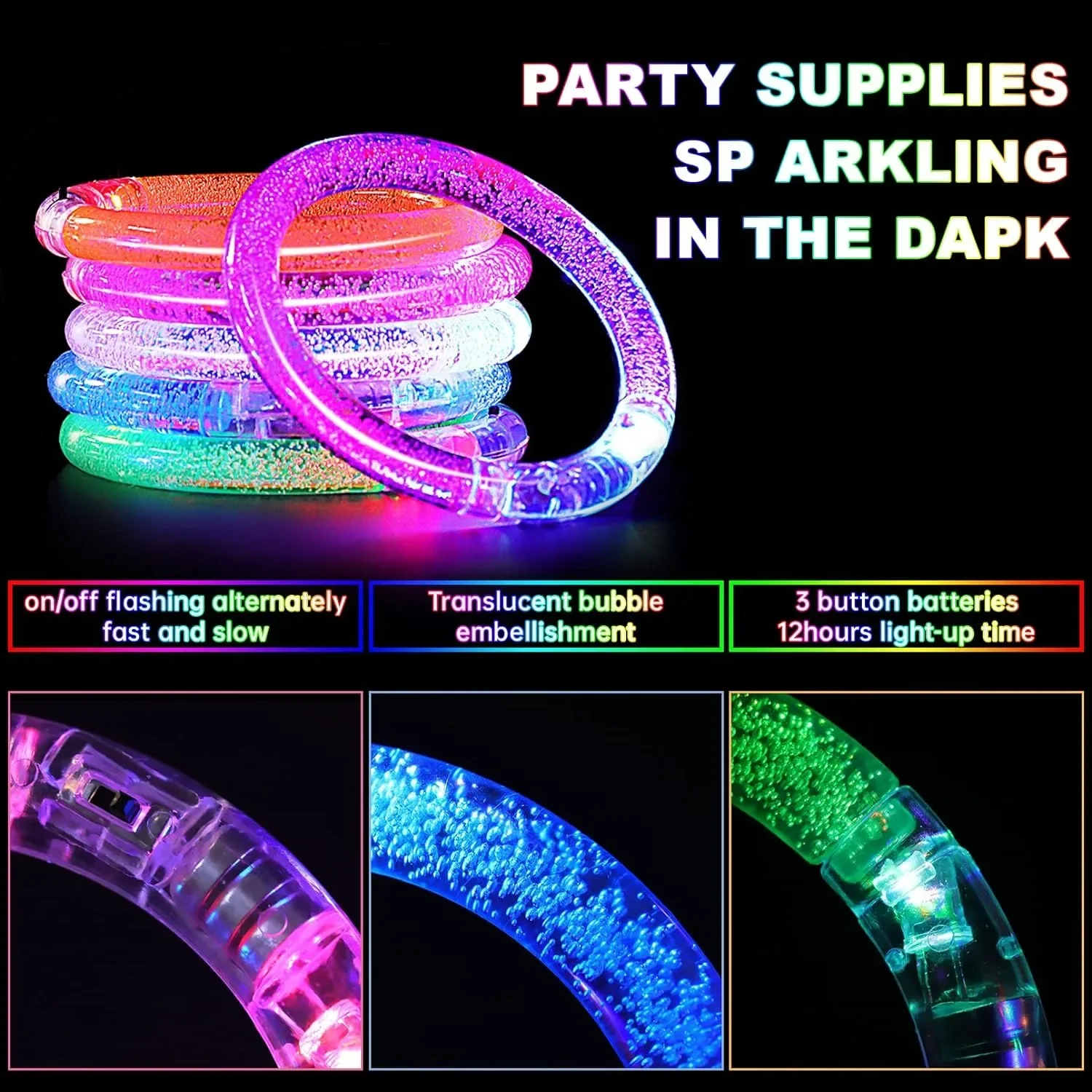 Bracelets lumineux LED pour enfants et adultes, bracelet brillant au néon, bracelets Shoous, brille dans le noir, fournitures de fête, 15/30 pièces