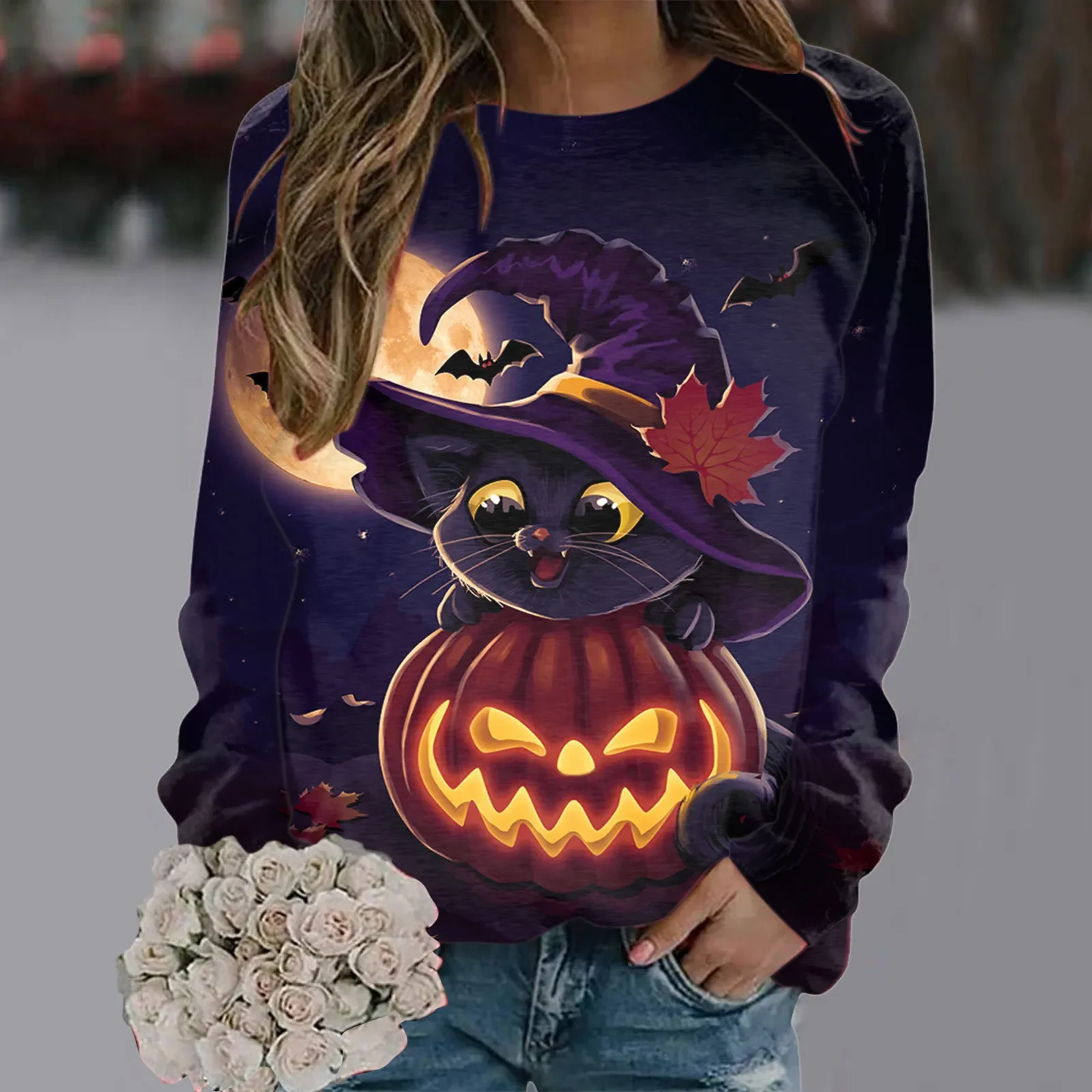 

2023 Fashion Halloween Long Sleeve T Shirt Sweatshirt Girl Harajuku Vintage Clothing 3d Pumpkin Cute Cat Printed Female Hoodies