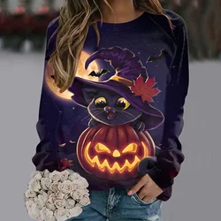 2023 Mode Halloween Lange Mouw T-Shirt Sweatshirt Meisje Harajuku Vintage Kleding 3d Pompoen Schattige Kat Bedrukt Dames Hoodies