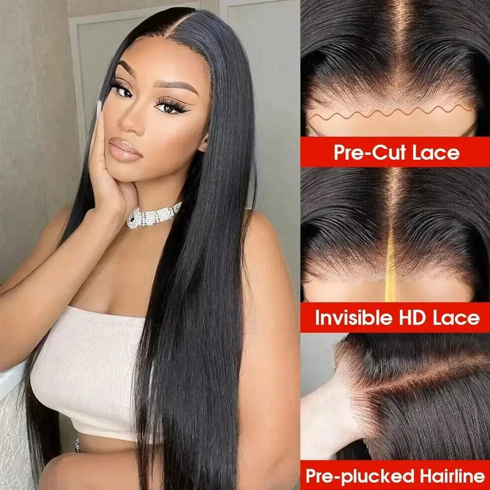 Pre Cut No Glue Ready to Wear 40 Inch 13x4 HD Lace Frontal Bone Straight Glueless Wig  Human Hair for Women image 6