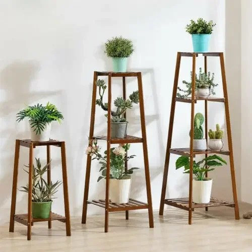 Alto bambu planta stand, Flower Pot Display Rack, interior e exterior prateleira, 30 in, 38 in, 46 in