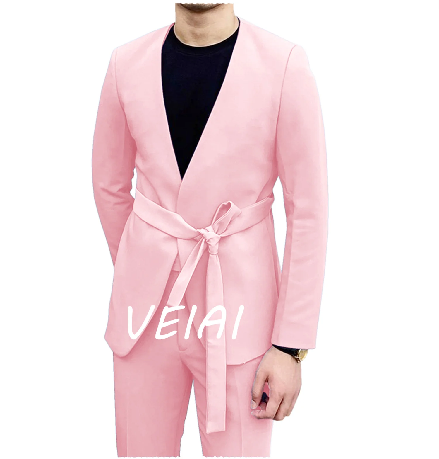 

Summer Elegant Men's Suit 2 Pieces High Quality Black Belt Closure Jacket Casual Travel Home Suit Coat （Blazer+Pants）