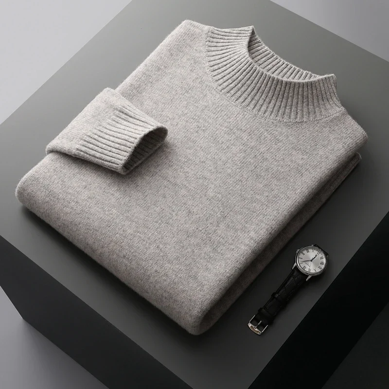 Winter Double Thick Men's Cashmere Sweater with Semi-High Neck High-End Warm Wool Knitted Bottoming Shirt