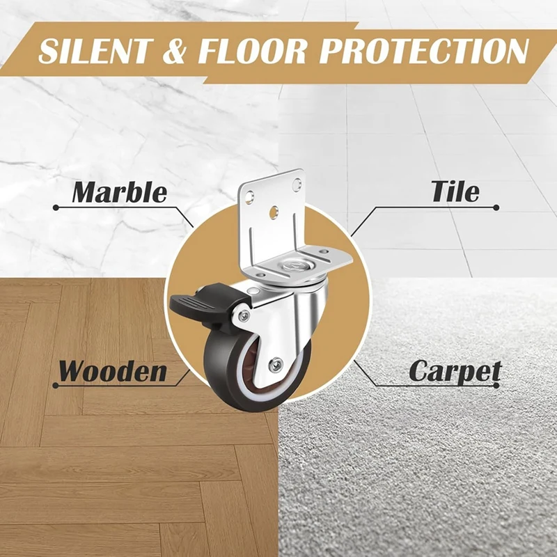 ABDJ-사이드 마운트 캐스터, 브레이크가 있는 4개의 캐스터 세트, 가구용 L자형 플레이트 소형 바퀴, 캐비닛 캐스터