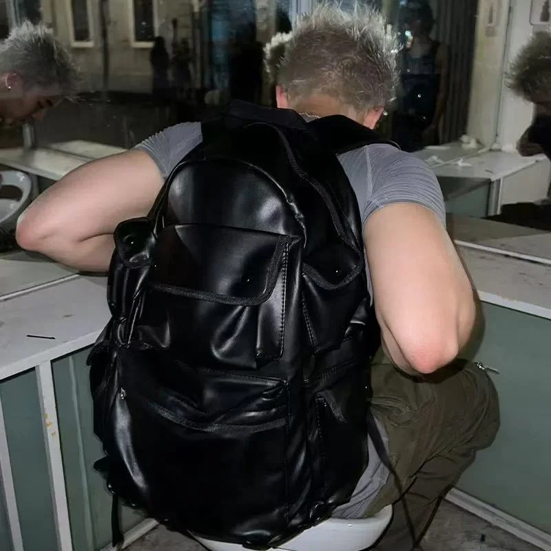 

Черный рюкзак унисекс из искусственной кожи, большая вместимость, модная школьная сумка Y2k, дорожная сумка в моторном стиле, рюкзаки в стиле гранж с несколькими карманами, новинка 2023 года