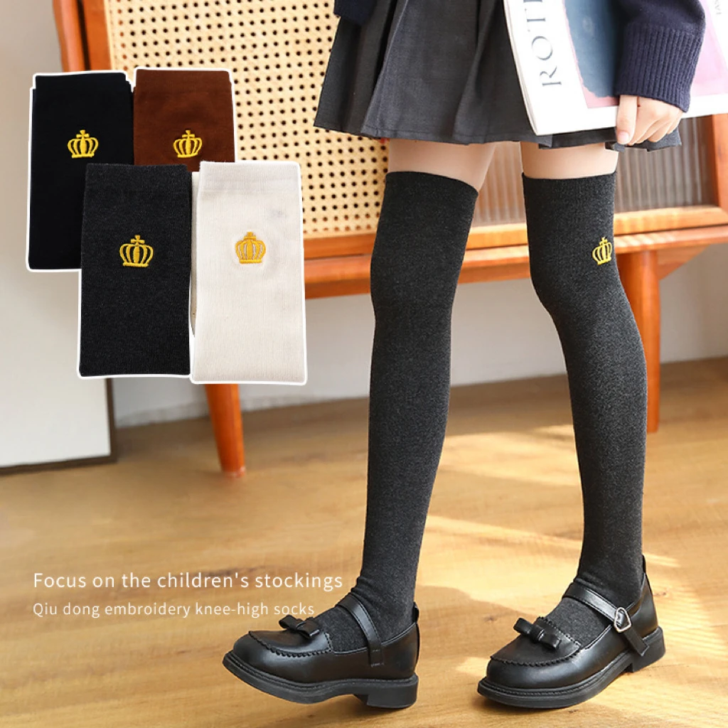 Girls Crown Embroidery Knee High Socks Soft Cotton College Style Long Socks For Kids Student Spring Autumn Daily Uniform Socks