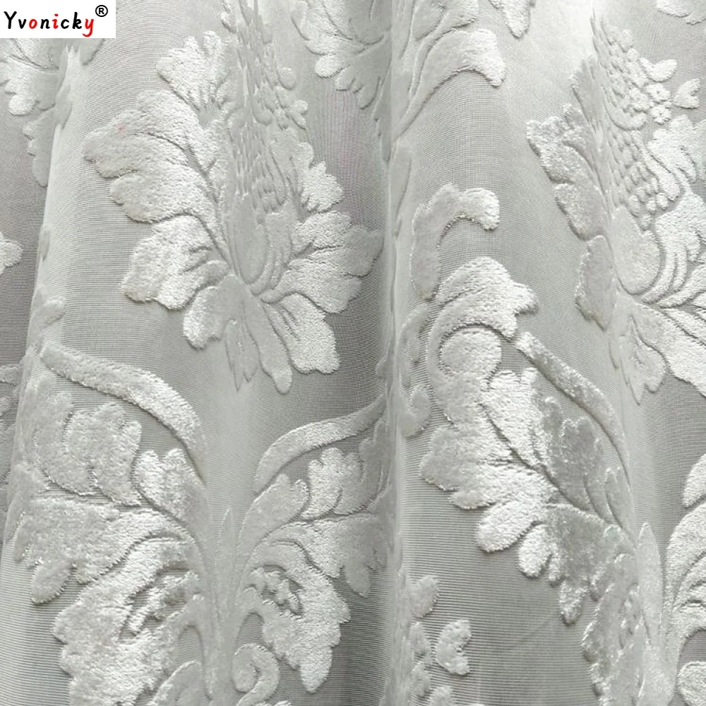 High-end Pure White Velvet Blackout Curtains for Living Room Bedroom European Floral Flocked Window Soft Sheer Curtains Fabric