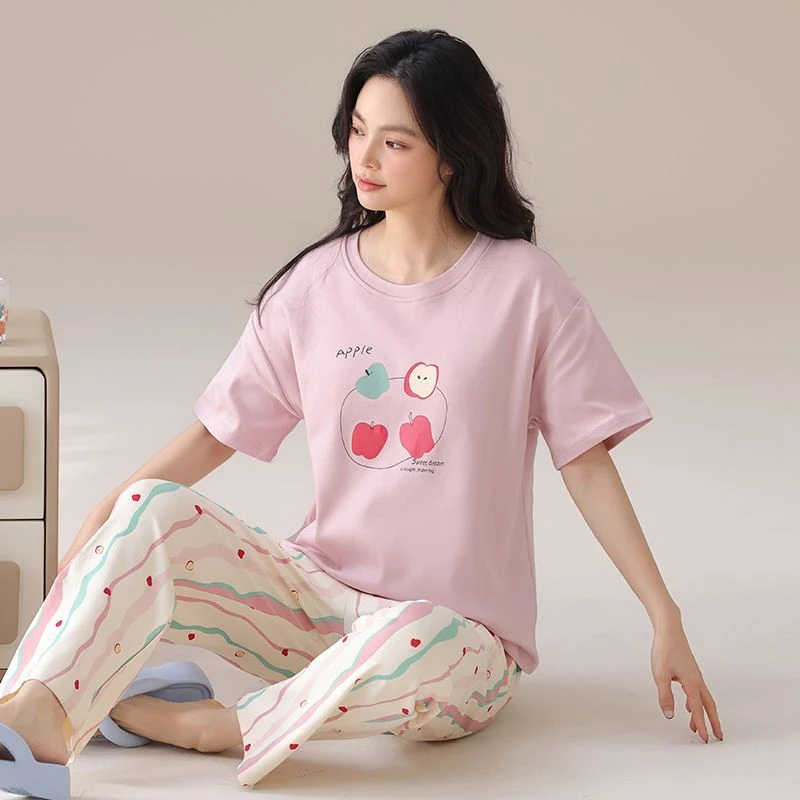 

2025 Summer Short Sleeve Long Pants 100% Cotton Pajama Sets for Women Korean Sleepwear Pyjama Homewear Pijama Mujer Home Clothes